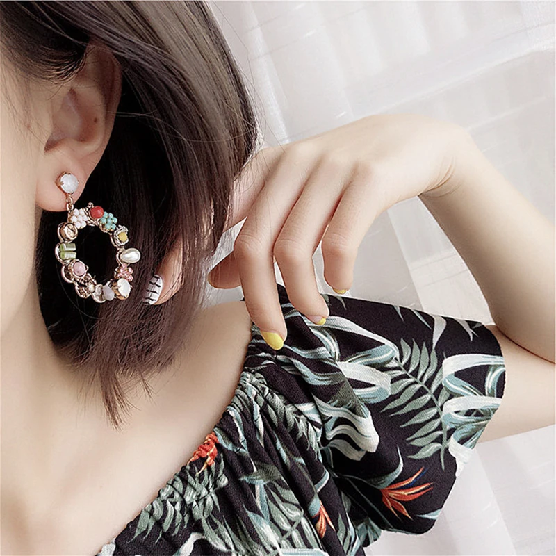 Серьги JZTOP с кристаллами Геометрическая подвеска из искусственного жемчуга
