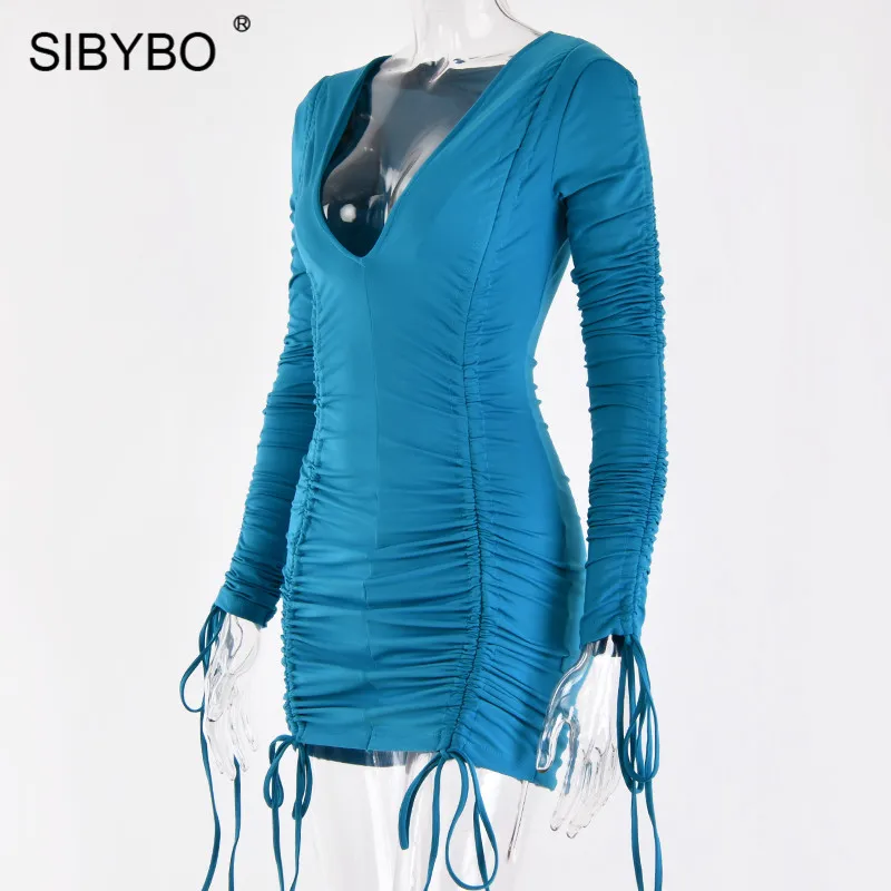 SIBYBO, Осеннее Плиссированное сексуальное мини-платье с длинным рукавом, модное облегающее Повседневное платье с v-образным вырезом, женские уличные облегающие вечерние платья