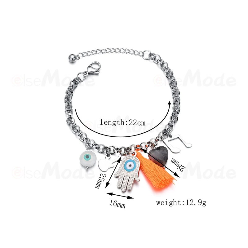 ELSEMODE Этническая рука Фатимы сглаза кисточки из нержавеющей стали цепи браслеты