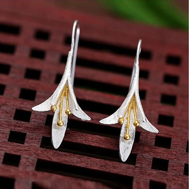 New 1 pair 925 Sterling Silver Long Flower Earrings For Women Design Lovely Girl Gift Statement Jewelry | Украшения и аксессуары