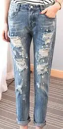 Женские облегающие джинсы бойфренды Синие рваные с бусинами корейская мода