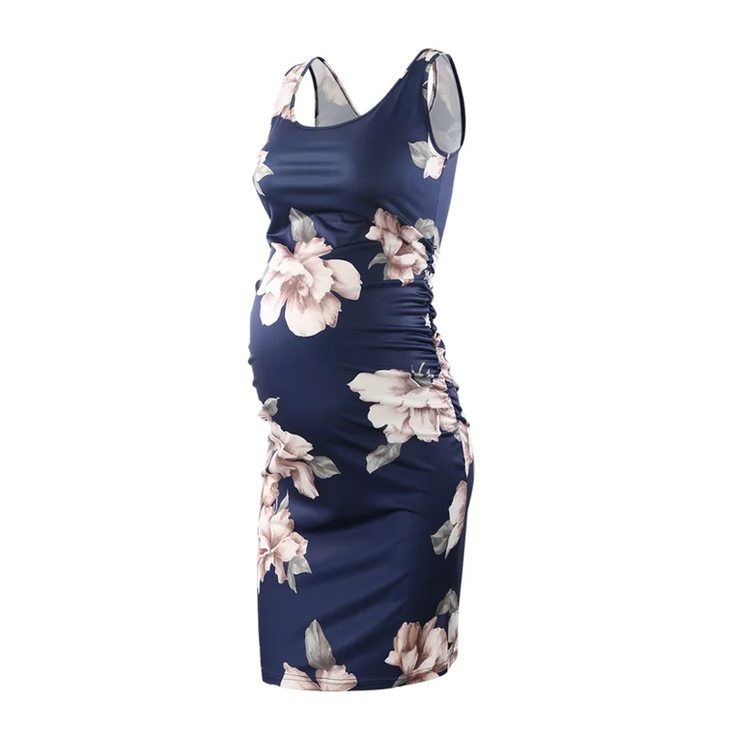 

Floral Sleeveless Tank Tops Maternity Dresses Women Vintage Printing Side Ruched Pregnant Dress Flattering Baby Shower Dress