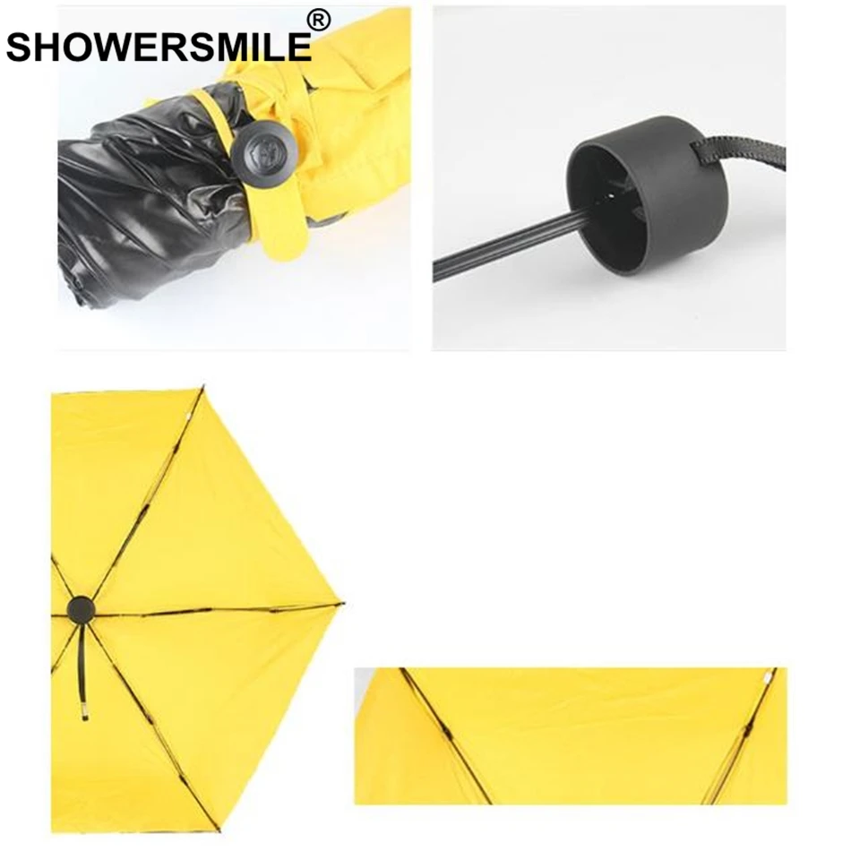 Желтый зонт SHOWERSMILE с карманом легкий складной мини-зонтик УФ-защитой черным