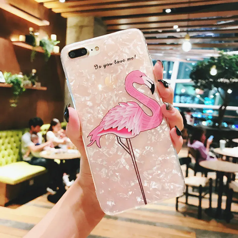 NFH Glitter Phone Case For iPhone 8 7 6 Plus Flamingo Shell Cases For iPhone On X 8 7 6 6S Plus Soft TPU Silicone Back Cover - Color: Pink
