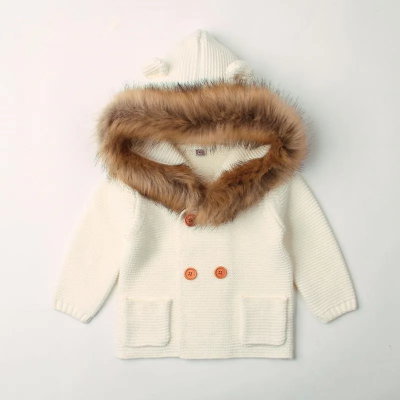 Newborn Winter Warm Baby Boys Knitted Sweater Jacket Hooded Fur Collar Infant Knitwear Cardigan Children Outwear Coat | Детская одежда
