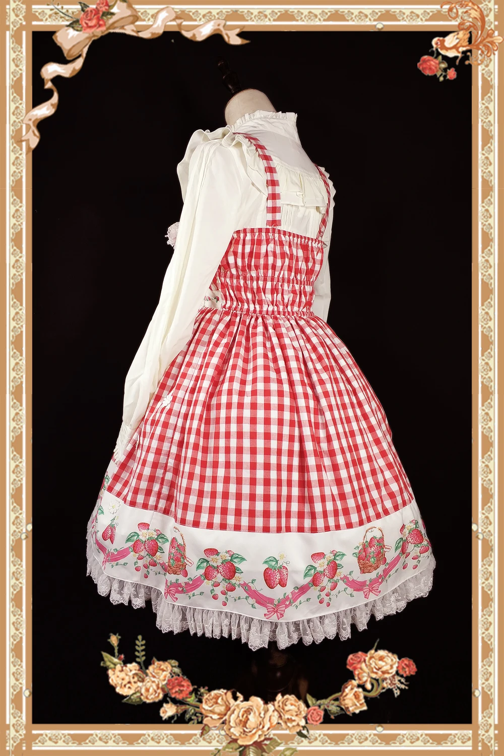 

Red Plaid Strawberry Printed Lolita Cotton JSK Dress by Infanta ~ Pre-order