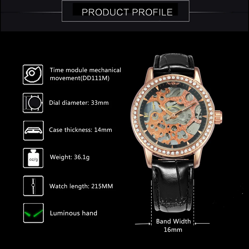 Часы наручные WINNER женские механические брендовые Роскошные модные часы