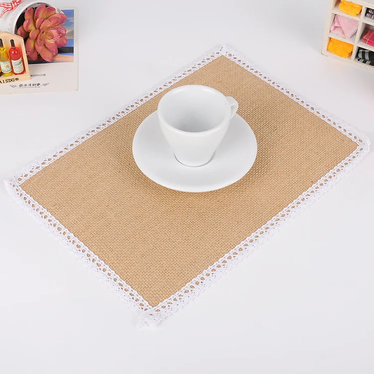 

21x29cm Christmas Wedding Party Table Decoration Natural Jute Table Mat Vintage Lace-trimmed Placemat Free Shipping WB316