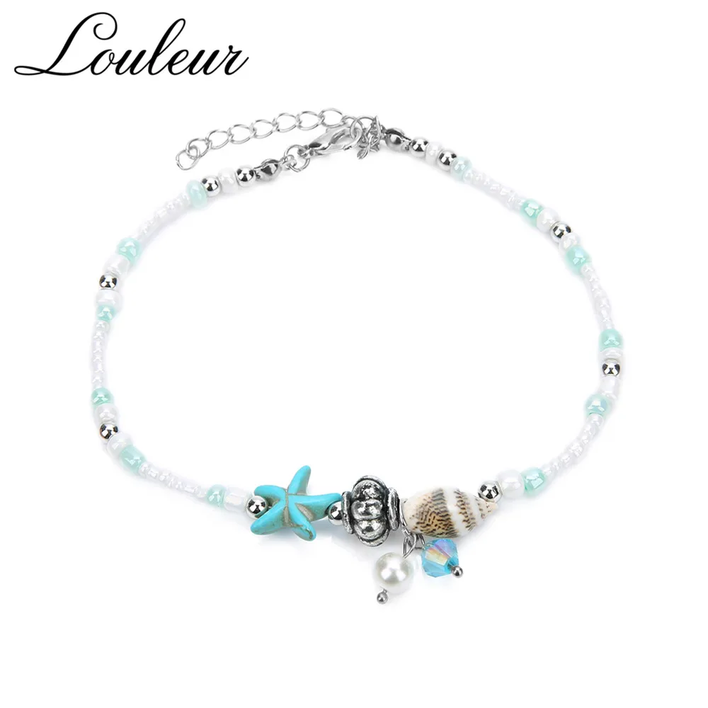 Louleur Bohemian Style Starfish Shell Beach Beads Anklet Conch Bracelet Summer Men and Women Foot Accessories | Украшения и