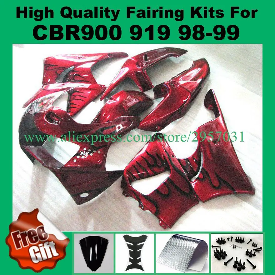 

Free screws+gifts Fairing kit for HONDA CBR900RR 919 98 99 Black Flames RED CBR 900RR CBR900 1998 1999 ABS Fairings set