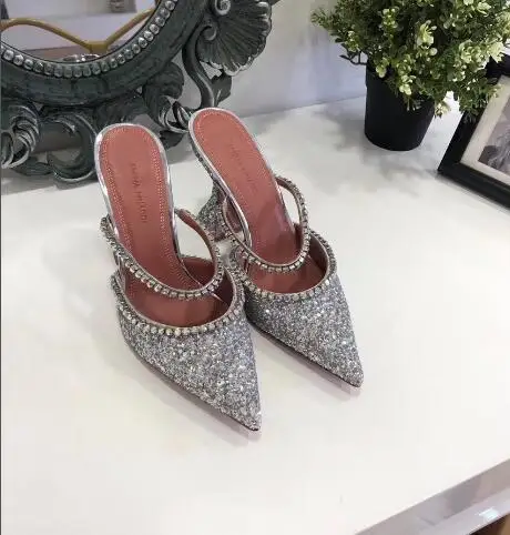 Серебристый Bonjean/новейшие блестящие босоножки на высоком каблуке с украшением; женские свадебные туфли с острым носком и кристаллами; платье с вырезом на каблуке - Цвет: Серебристый