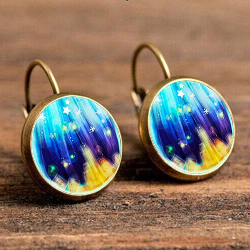 

City Blue Space Star & Mandala Flower Drop Earring Vintage Kaleidoscope Resin Ear Drop Antique Gold Color Wholesale Brincos 2018