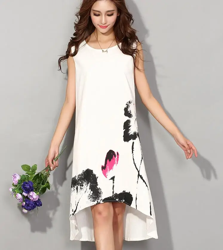 Женское платье без рукавов с круглым вырезом из хлопка и льна|vestido de festa|linen dresscotton