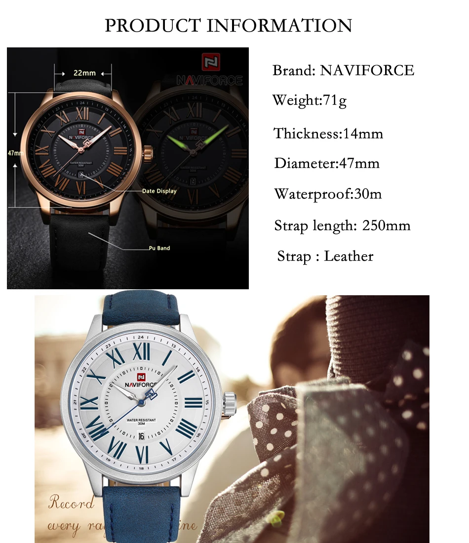 NAVIFORCE мужские часы Топ люксовый бренд Мужская мода простой кожаный ремешок кварцевые часы повседневные Бизнес водонепроницаемые наручные часы