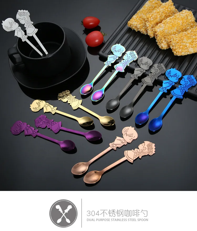 

1 Set cartoon couples spoon 304 stainless steel plating color coffee spoon 7 colors Wedding supplies guest return gift free ship