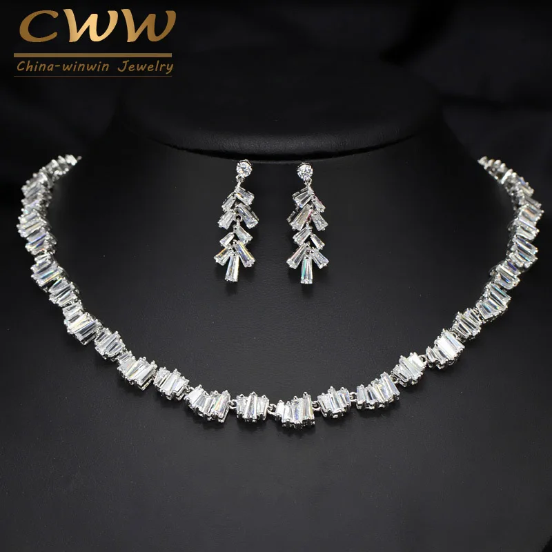 CWWZircons Geometric Square CZ Zirconia Stones Fashion Famous Brand Necklace Earrings Wedding Party Jewelry Set For Women T078|jewelry sets for