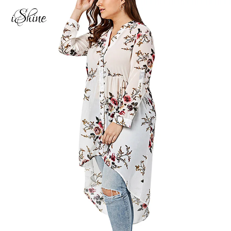 New Women Sexy Chiffon Shirts Blusa Long Sleeve V-neck Irregular 2017 Femme Shirt Tops Summer Autumn Blouses Plus Size Floral |