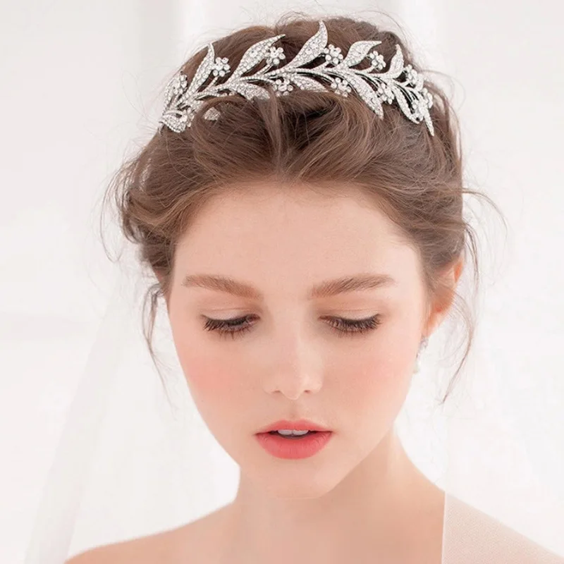 

SLBRIDAL Clear Crystal Rhinestones Leaf Wedding Tiara Headband Bridal Queen Princess Pageant Crown Bridesmaids Women Jewelry