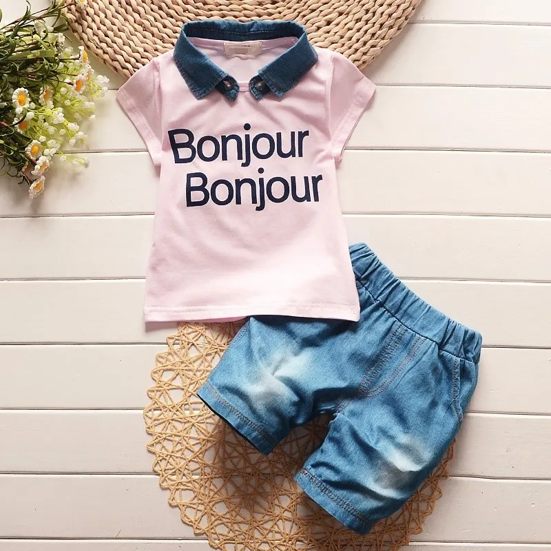 2017 baby boys summer denim lapel clothes kids letter short sleeve t shirt jean shorts suit children leisure clothing sets |