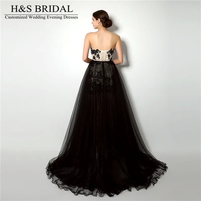 Женское платье со съемным шлейфом H & S Черное короткое вечернее с кружевной