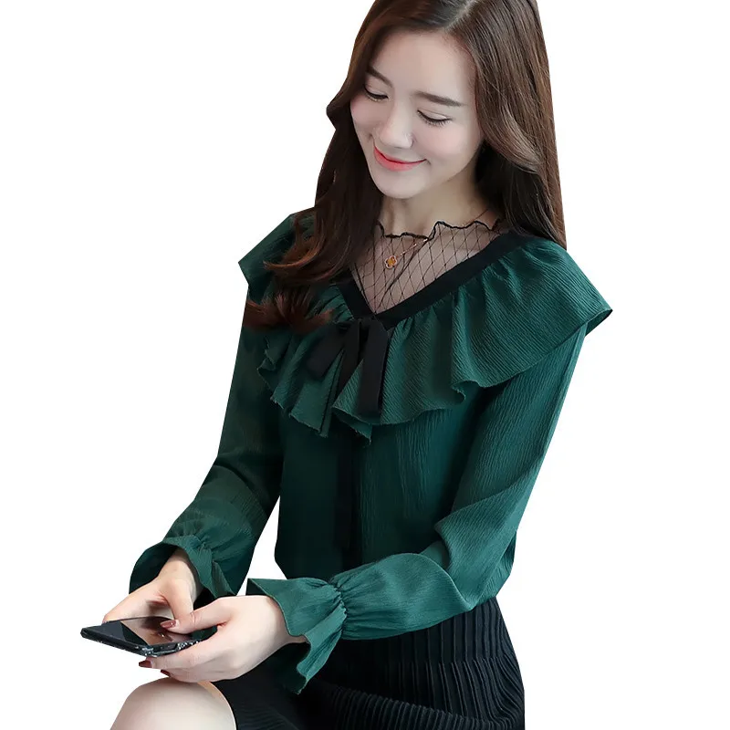 

2018 Spring Autumn Women Shirt Solid Tie Bow Mesh Patchwork Chiffon Blouse Ladies Casual Long-Sleeve Blouses Office Tops AB853