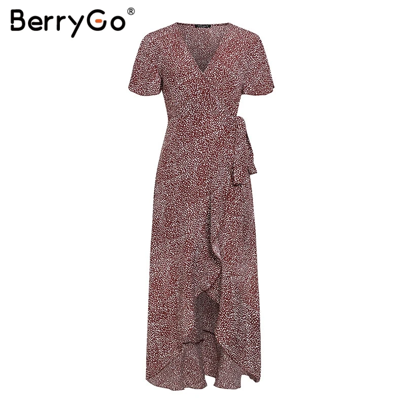 BerryGo, женское платье, сексуальное, на шнуровке, Леопардовый принт, бохо, длинное платье, летнее, Vneck, короткий рукав, в горошек, размера плюс, платье с разрезом