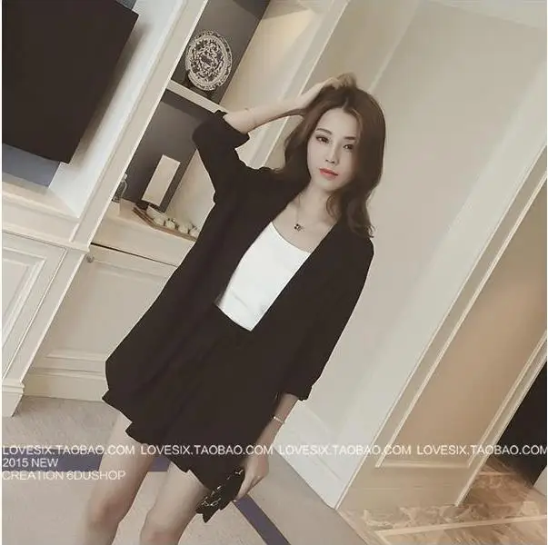 black short suit Корейская мода, льняные клетчатые костюмы, комплект из 2 предметов,, Летний Тонкий полосатый Блейзер, пиджак+ шорты, офисные женские костюмы, femino - Цвет: black short suit