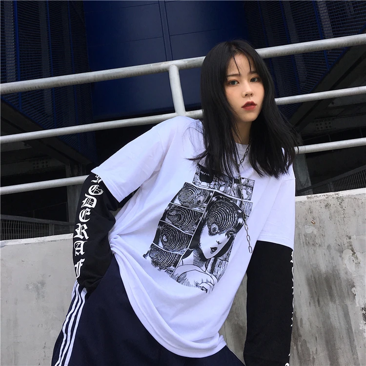 Funeral dark new ulzzang Harajuku BF хип-хоп поддельные две части Мода Harajuku свободный большой размер женский осенний мультфильм толстовка
