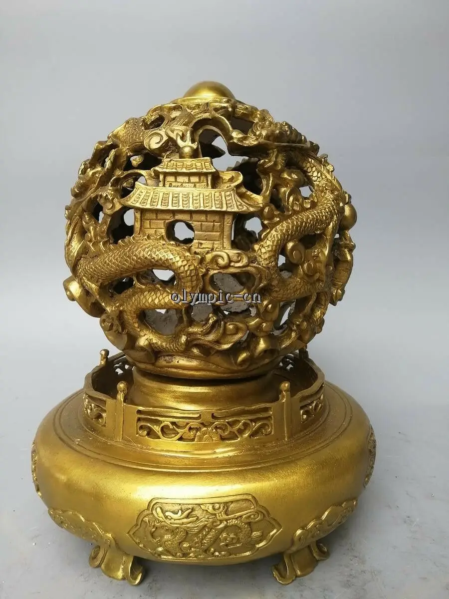 

13'' brass home fengshui luck rotate dragon palace Dragon statue