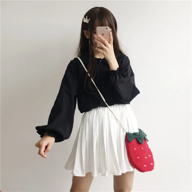 long sleeve KYQIAO девушки белая рубашка Мори девушки Лето Япония стиль короткий рукав Питер Пэн воротник сплошной блузка Лолита черная рубашка Топ - Цвет: long sleeve