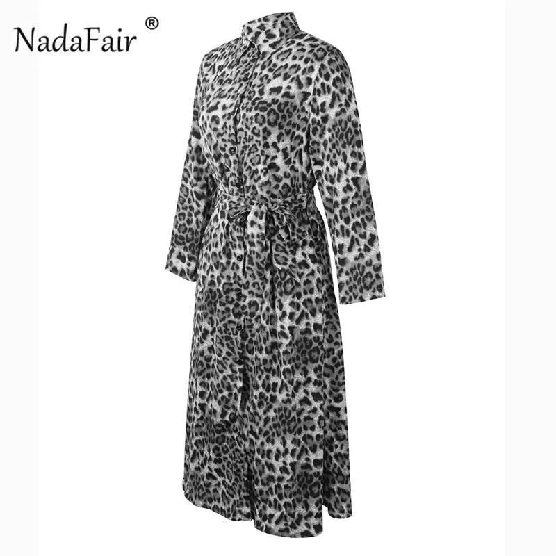 Nadafair/элегантное леопардовое Платье-туника с длинным рукавом и поясом на шнуровке, шифоновая рубашка, винтажные вечерние платья миди с животным принтом