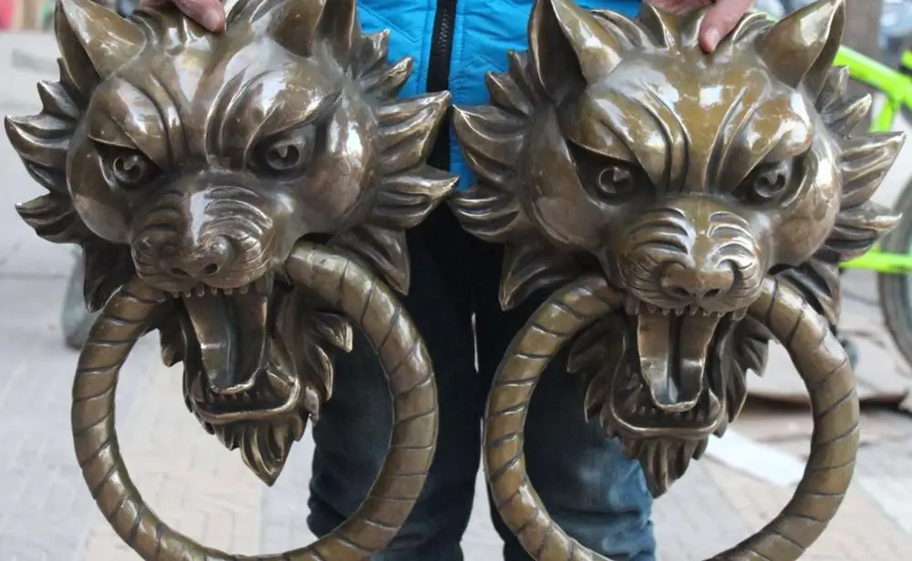 17" Chinese BRASS Guardian Foo Fu Dog Lion Head Knocker Doorknocker Statue Pair | Дом и сад