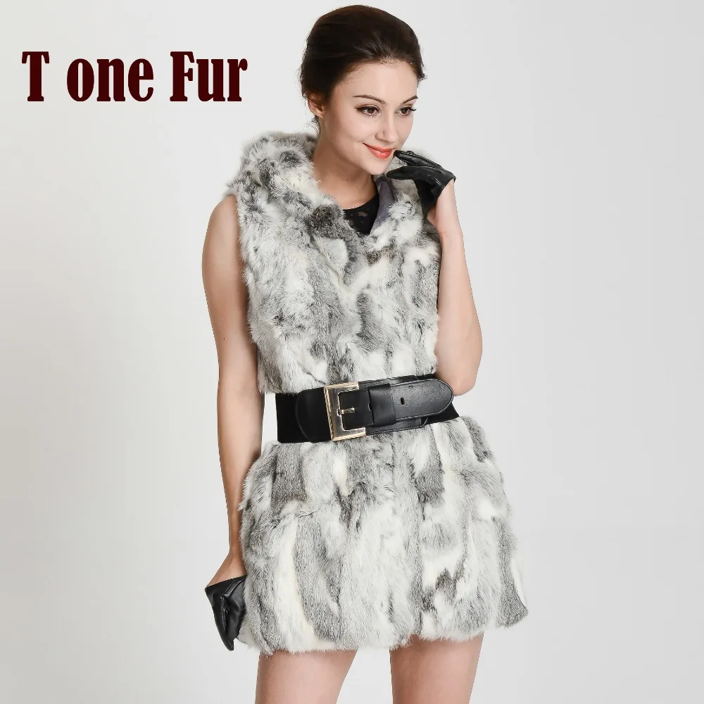 2019 Настоящий мех кролика жилет с капюшоном Верхняя одежда для женщин Тонкий Шуба