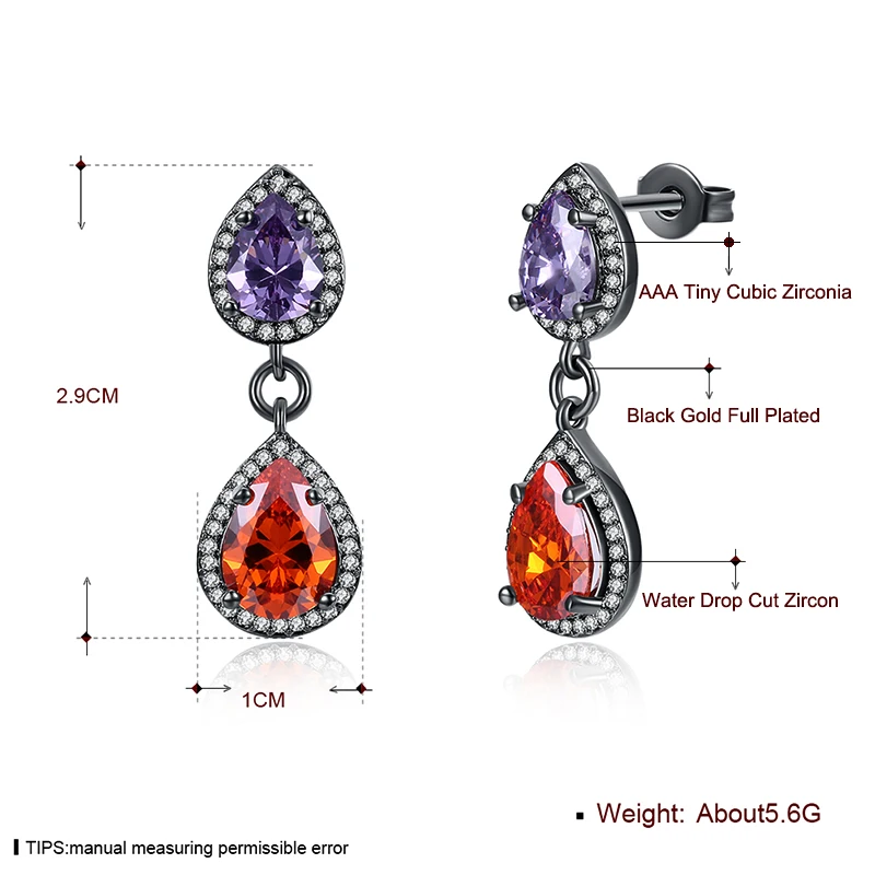 Женские серьги с двойными каплями блестящие черным золотом фиолетовым и красным