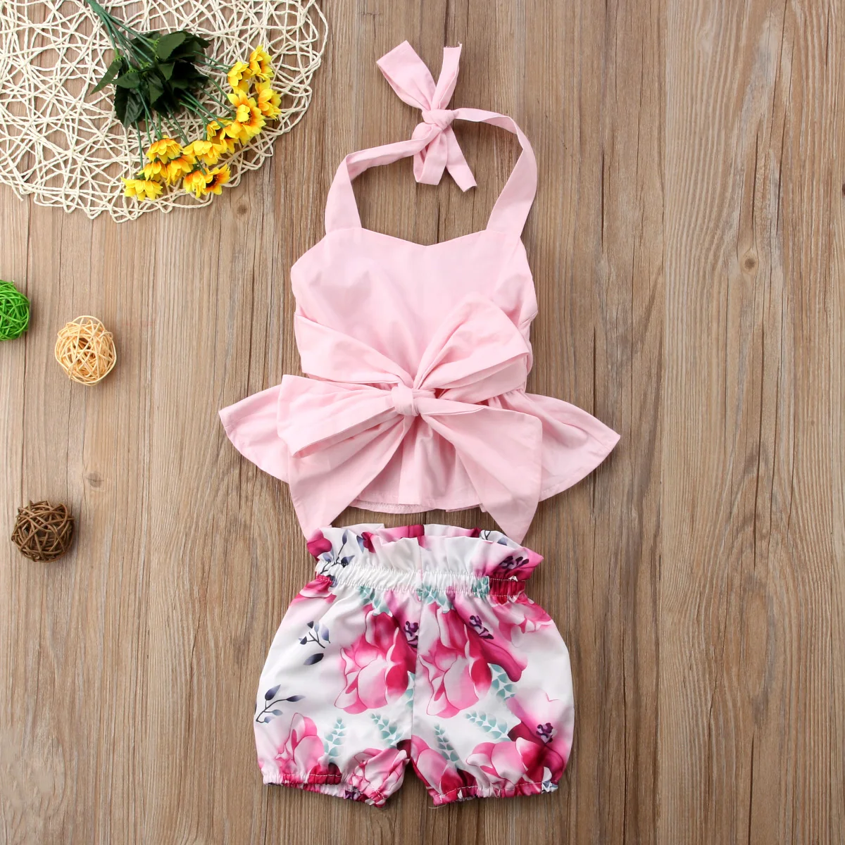 Pudcoco Newborn Toddler Infant Baby Girl Bowknot Pink Tops Floral Shorts Pants Clothes Cute Summer Set 2Pcs | Детская одежда и