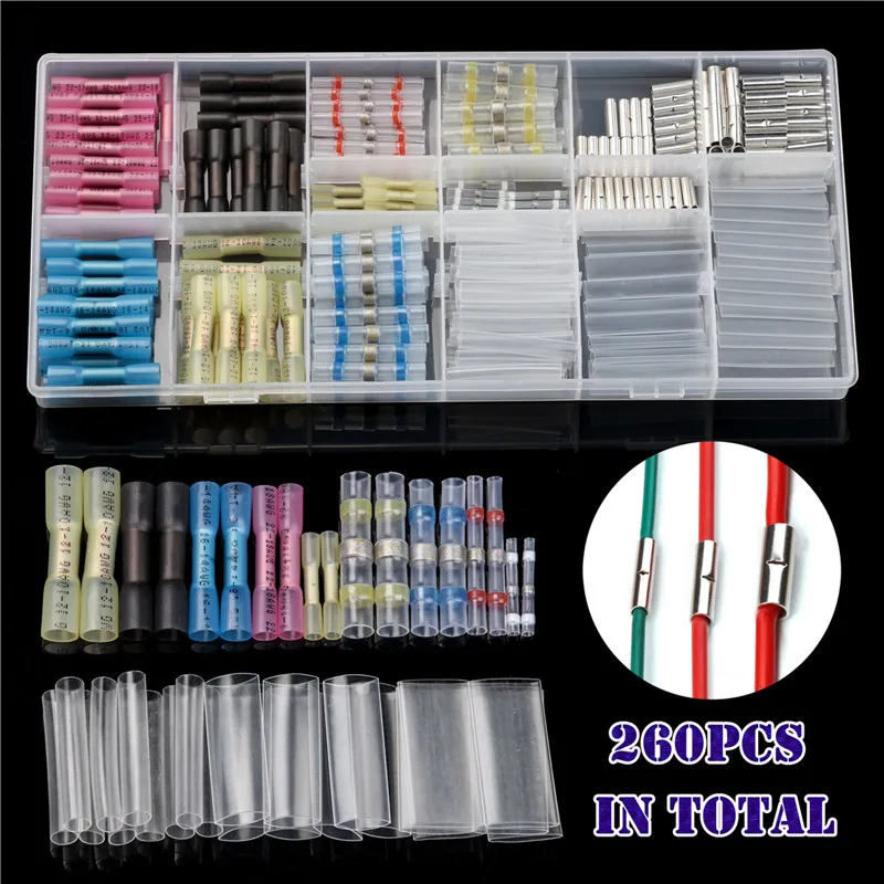 

260PCS Heat Shrink Butt Terminals Soldering Sleeve Tube Splice Terminal Wire Connector Non-insulated Bare Wire Connectors Kit