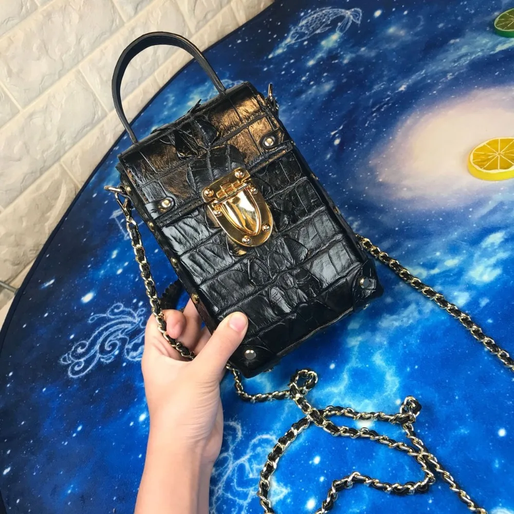 Модная дизайнерская женская мини-коробка с гвоздиками из натуральной крокодиловой кожи, женские телефонные клатчи, женская сумка на плечо на цепочке