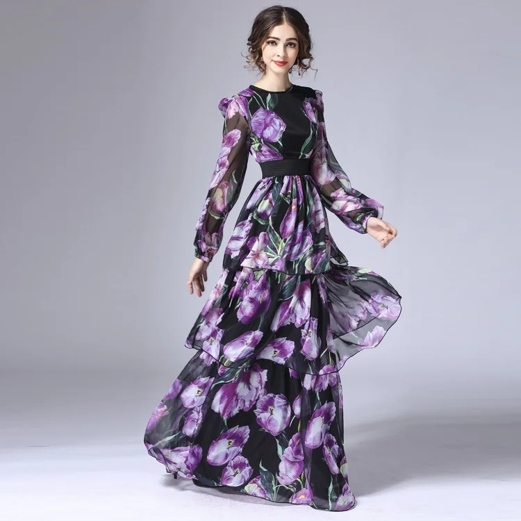 XXXXL!Top Quality New Plus Size Long Dress Luxury Women Stunning Floral Print Long Sleeve Floor-Length Elegant Maxi Dress Female