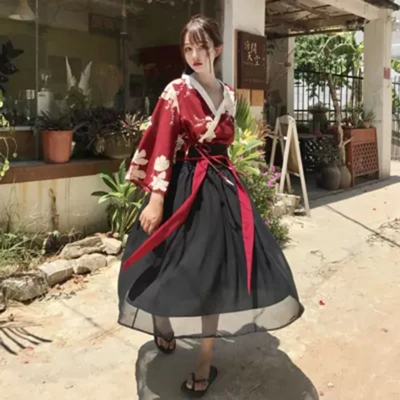 Haori Kawaii японское традиционное кимоно кардиган шифон цветочный принт Черная юбка винтажная одежда Комплекты из 2 предметов костюмы для косплея