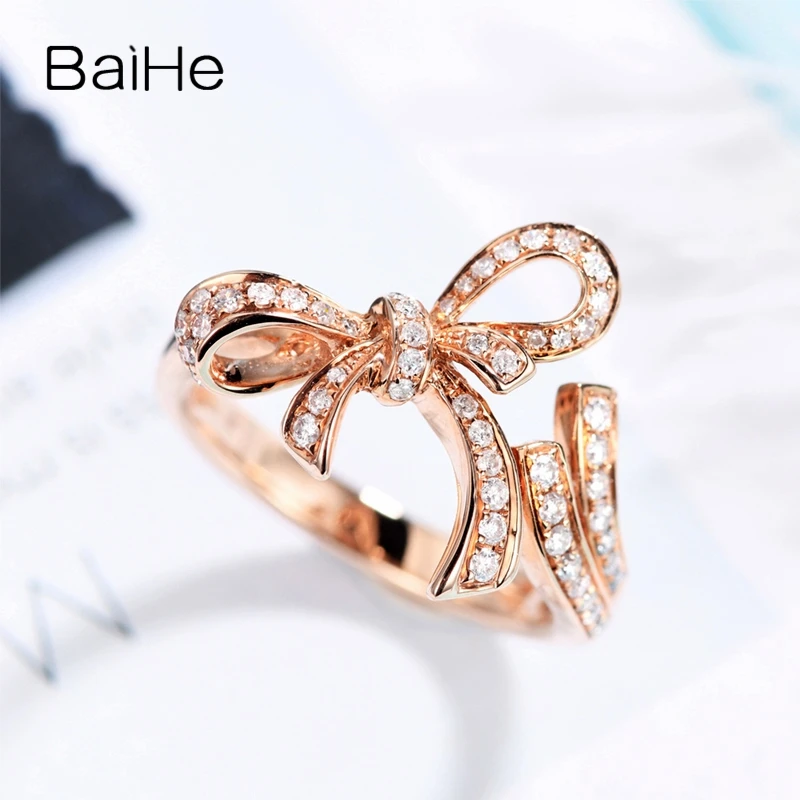 BAIHE, 14 K, розовое золото, около 0.22ct H/SI, Круглый, натуральные бриллианты, обручальное кольцо, обручальное кольцо, модное, с бантом, подарочное кольцо