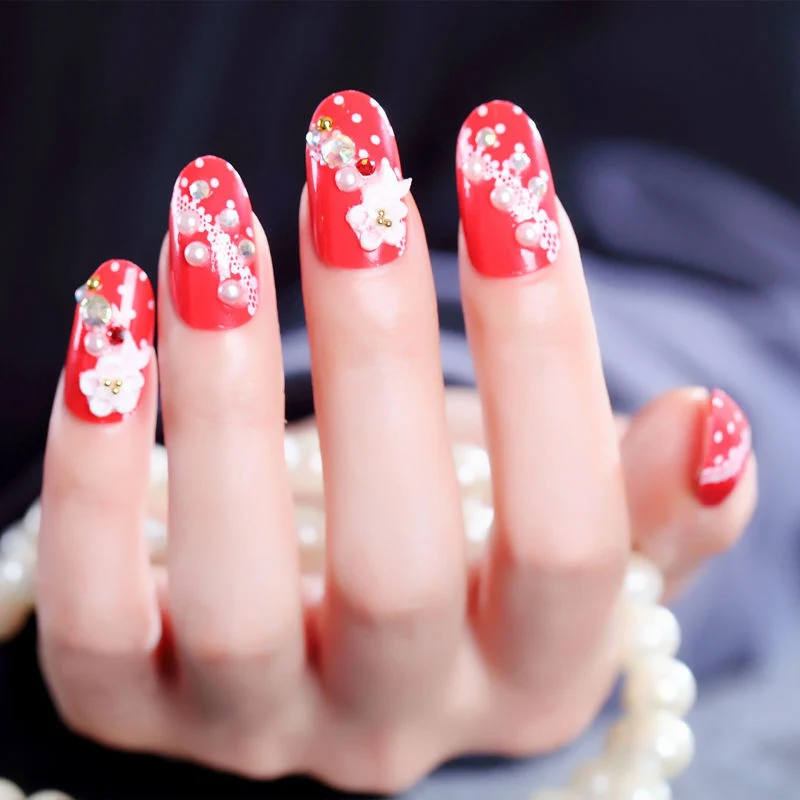 

24pcs Red Fake Nails Bride False Nail Glitter Nail Tips with Glue Nails Art Accessaries 11 SSwell