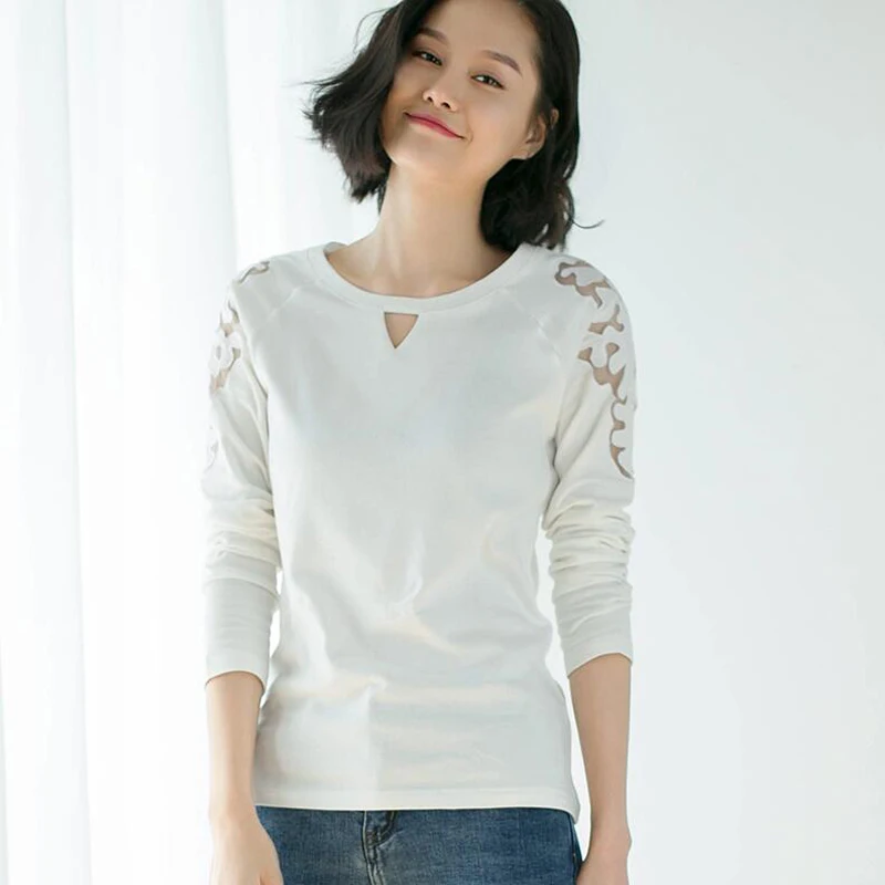 New 2018 spring Female T-shirt Long Sleeve Hollow plus size Women Cozy Cotton T Shirt Tops Tees Brand Fashion Camisetas | Женская одежда