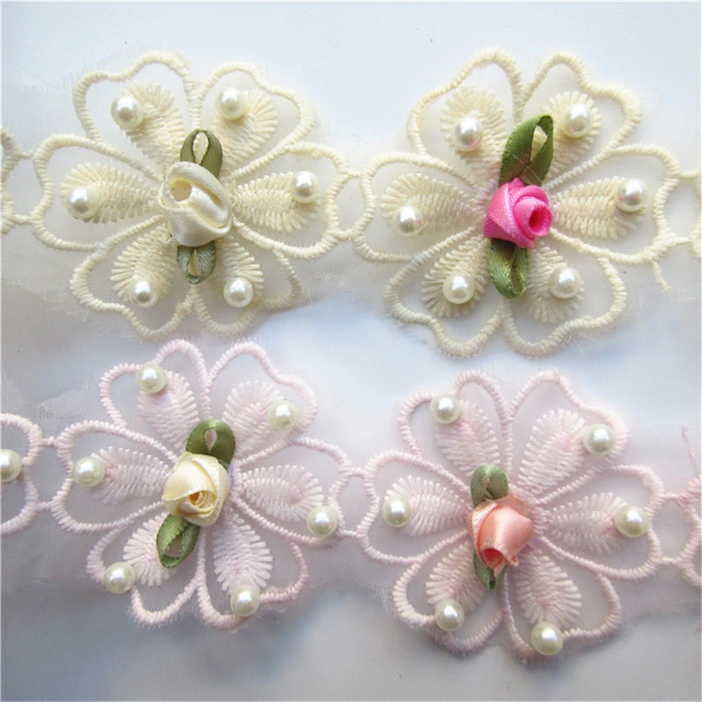 Хлопчатобумажная кружевная ткань с жемчугом и цветами 1 метр Отделка лентой