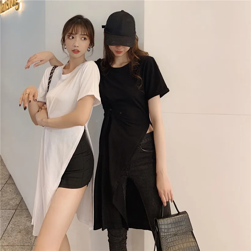 2019 Женская летняя футболка на пуговицах с Боковым Разрезом и круглым вырезом