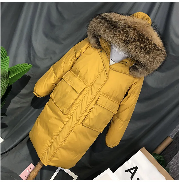 Yellow Женский пуховик, большой,, натуральный мех енота, воротник, теплый, зимний, свободный, верхняя одежда, капюшон, внутренний пояс, большие карманы - Цвет: Yellow
