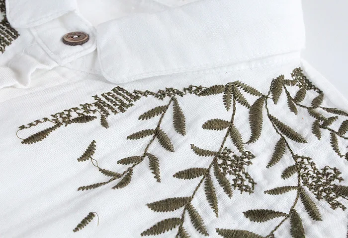 Маленькие свежие листья вышивка хлопок отложной воротник с длинным рукавом