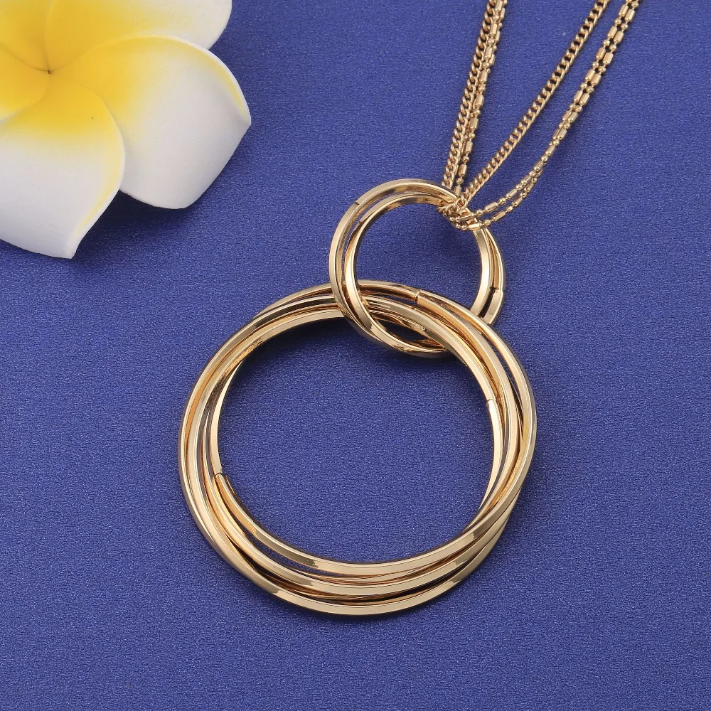 Эффектное ожерелье женское золотистое и серебристое с кулоном в виде нескольких