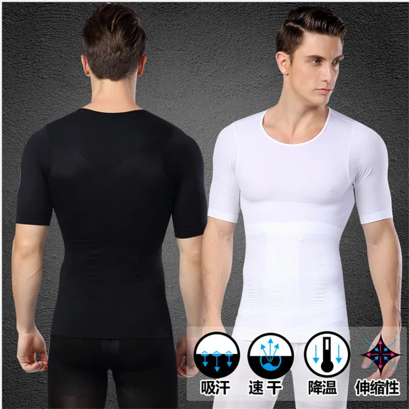 Mens posture corrector tshirt chest shaper waist belly reducer slimming stomach abdomen trimmer tights for male shapewear shirt