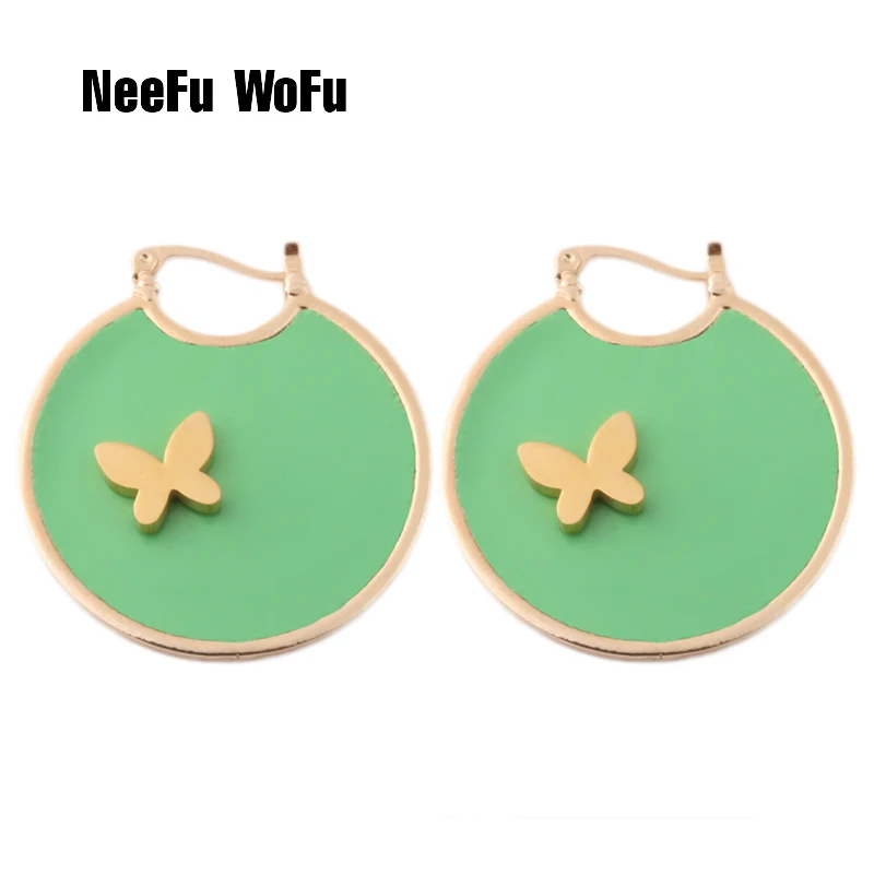 green NeeFu WoFu брендовые кожаные серьги для женщин бабочка большой серьги круглые Медь большой Brinco уха Oorbellen рождественские украшения - Окраска металла: green