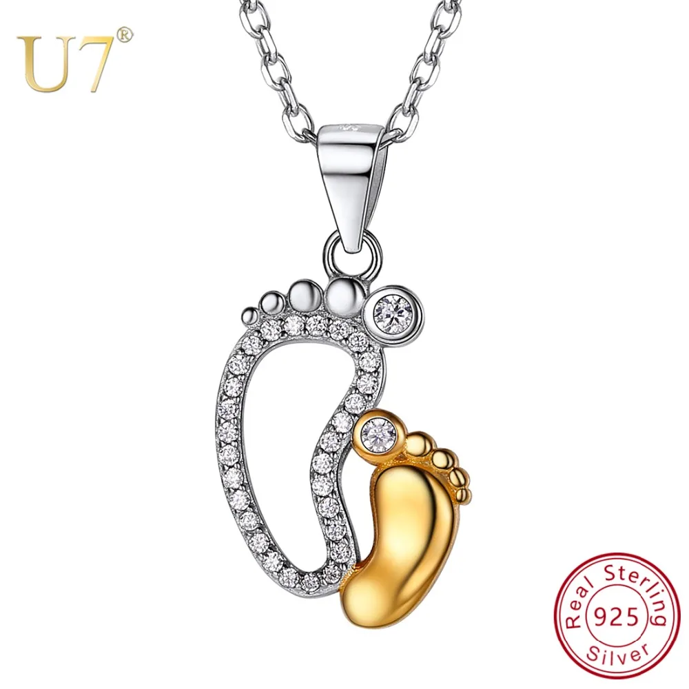

U7 925 Sterling Silver CZ Crystal Big Small Baby Feet Women Pendants Necklaces for Mom Mother's Day Birthday Gift Jewelry SC236